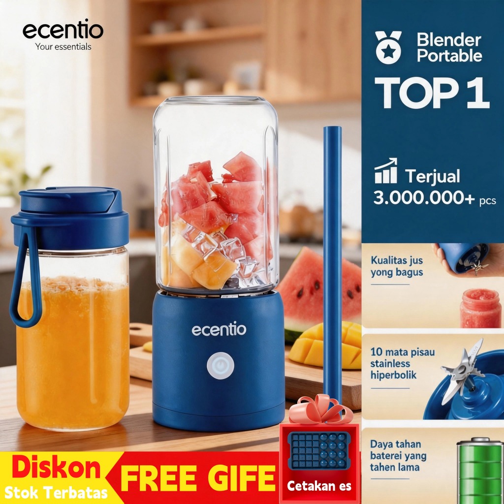 [2.0]ecentio Blender Portable Juicer 8/10/12 Mata Pisau Kaca Tebal, 2 Gelas 380ml Anti Bocor Dilengk
