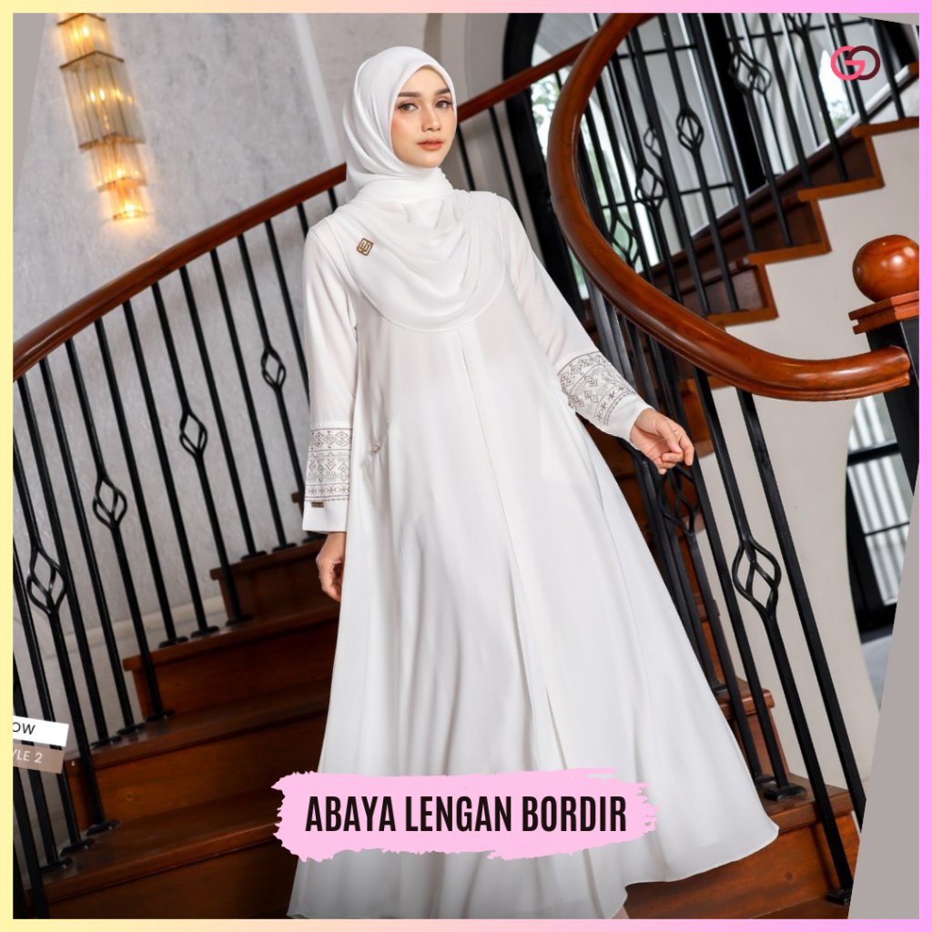 Abaya Umroh Hitam Putih Dress Kairo Mewah Lengan Bordir by Emka Hijab