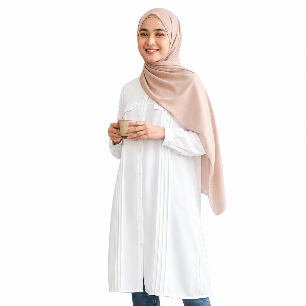 Tunik Kemeja Putih Bahan Katun - Atasan Long Tunic