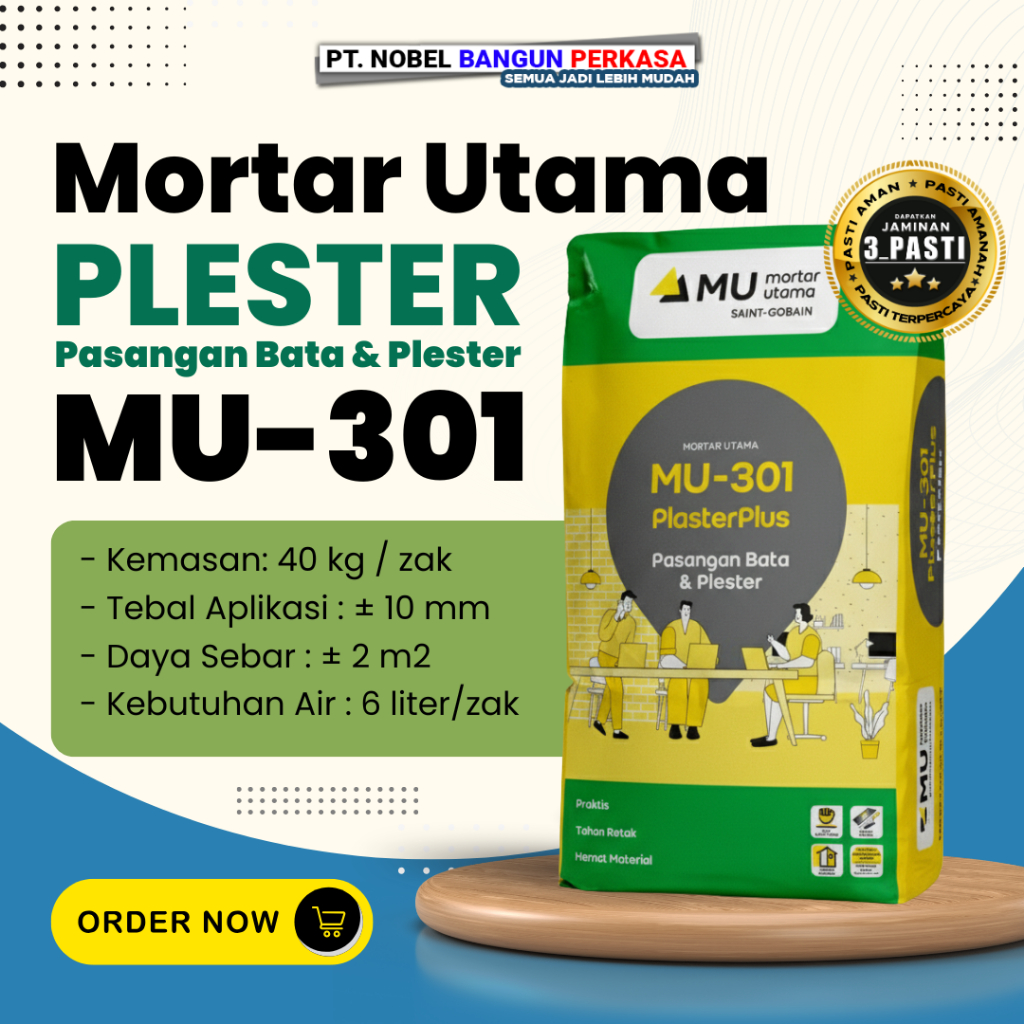 Semen Mortar Utama MU 301 Plester Dinding - Semen Instan Mortar Utama Plester 40Kg - Plesteran Hebel