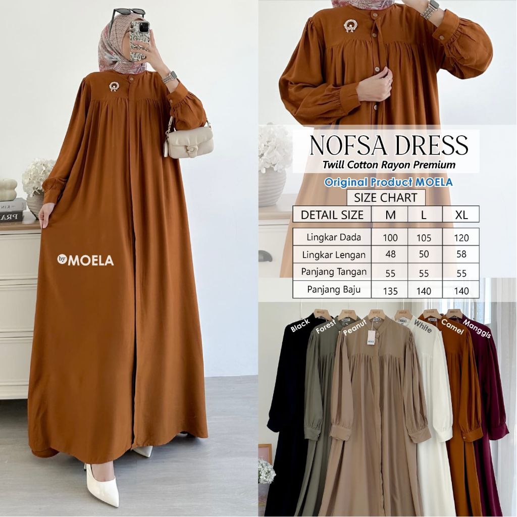 Nofsa Dress Moela Gamis Rayon Twill Premium Busui Friendly Baju Muslim Wanita Long Dress Polos Moder