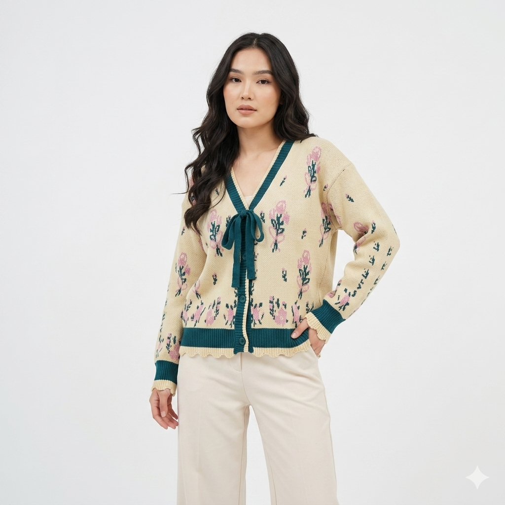 Cardigan Rajut Crop Motif Bunga Outer Wanita Lengan Panjang Tali Depan