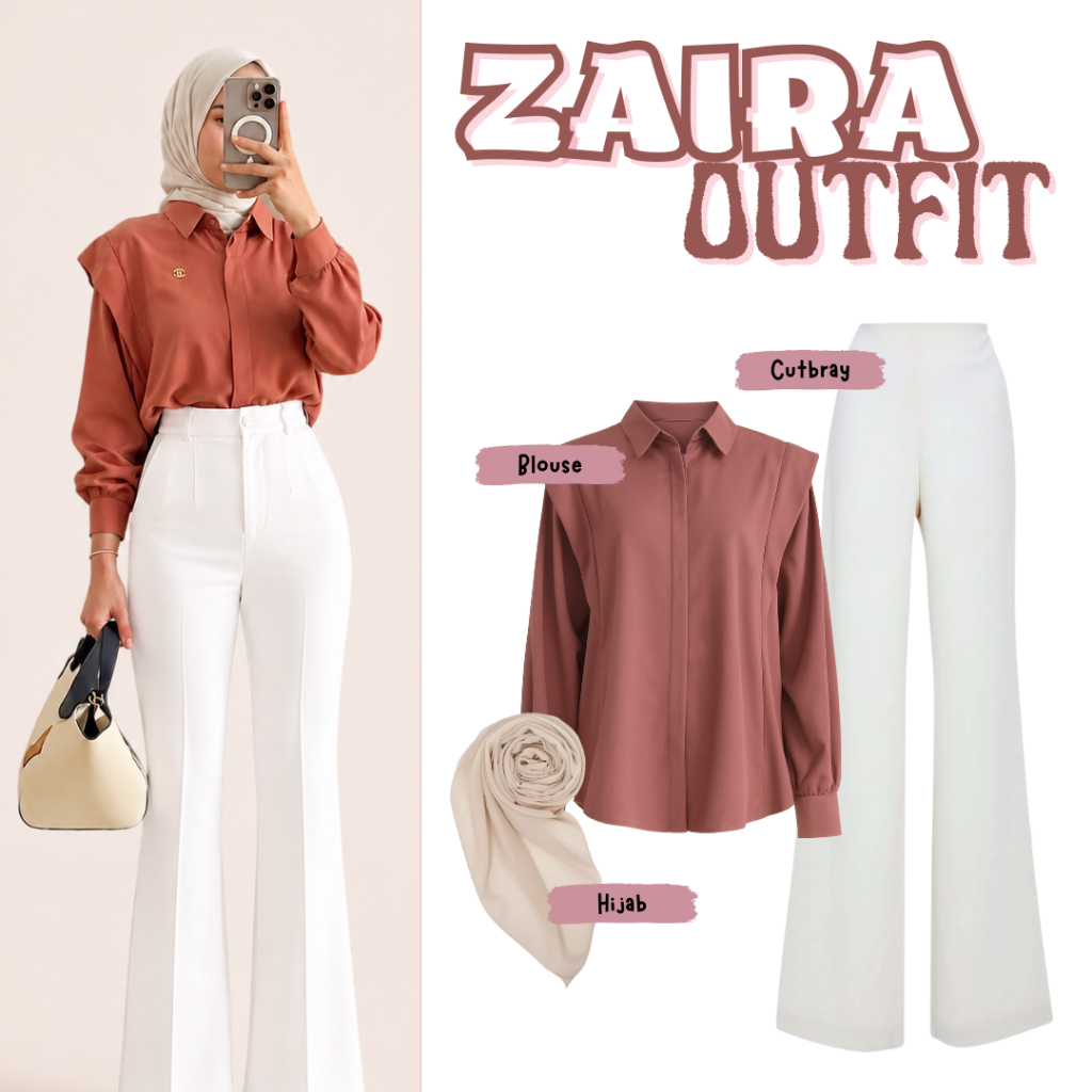 One Set ZAIRA OUTFIT Remaja Korea Kekinian (Blouse, Cutbray, Hijab) Outfit Setelan Hijab OOTD Hangou