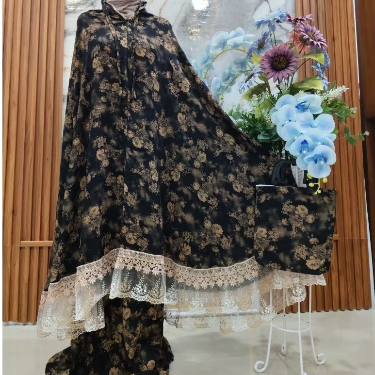 MUKENA RAYON VISCOSE MOTIF BUNGA MAWAR RENDA TILEU COKLAT