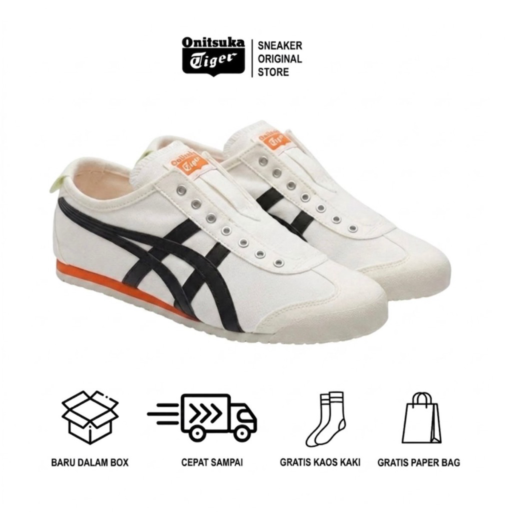 Ssepatu Sneakers Onitsuka Tiger Mexico 66 Slip On White Black Red / Repatu Wanita