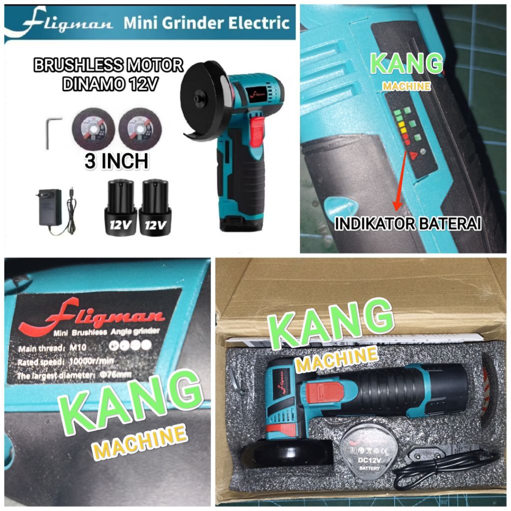 Fligman gerinda brushless 3 inch baterai 12V / gerinda baterai / angle grinder brushless cordless / 