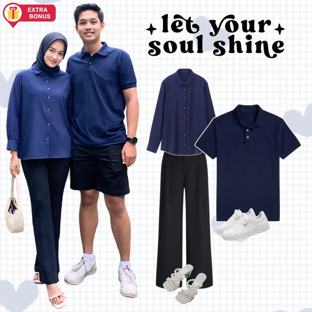OneSet Couple Celana Knit Kemeja Basic Polos Hijab Segi Empat Wanita Kaos Polo Basic Lengan Pendek P