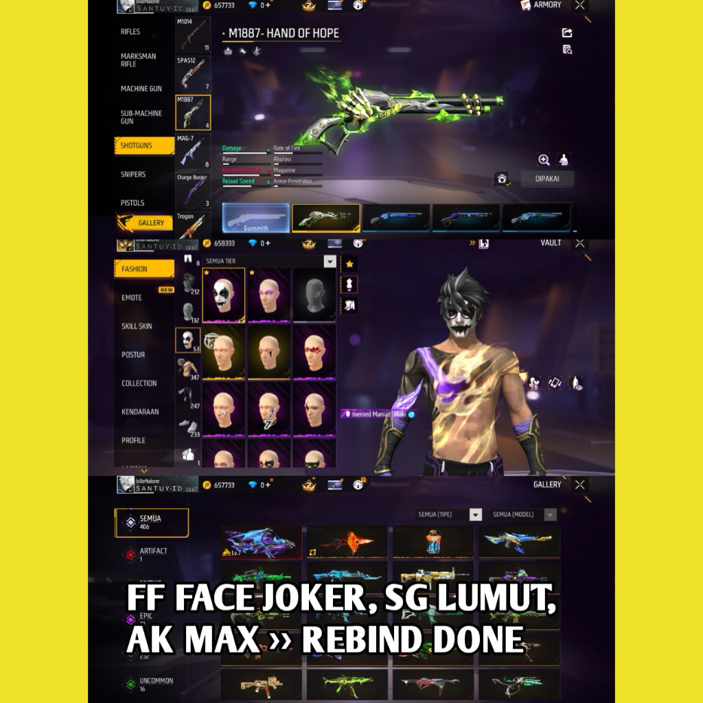 FF IDAMAN FACE JOKER, AK MAX, SG LUMUT