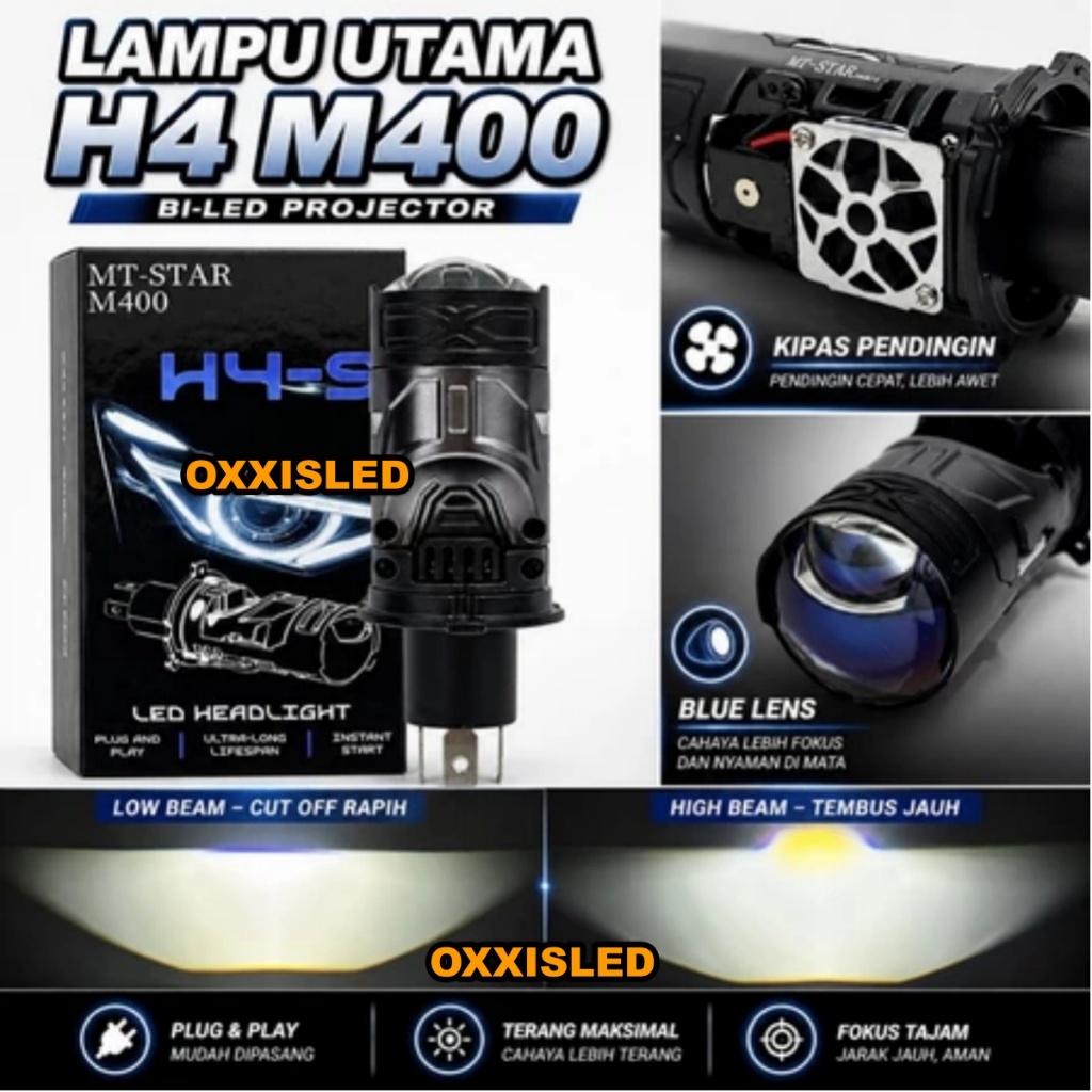 Lampu Utama Mini Biled H4 MT-STAR M400 Bluelens Di lengkapi Kipas H4 Utama Motor Mobil...