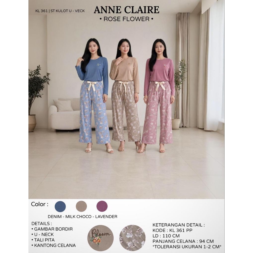 Anne Claire Setelan Kulot Rose Flower U - Neck - KL 361 PP - Setelan Kulot Lengan Panjang Celana Pan