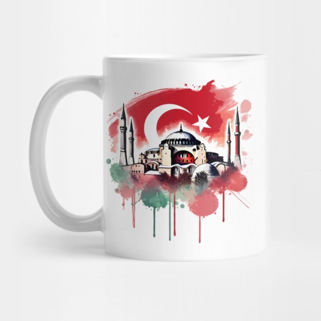 Hagia Sophia Watercolor Art with Turkish Flag - Hagia Sophia Tea Mug