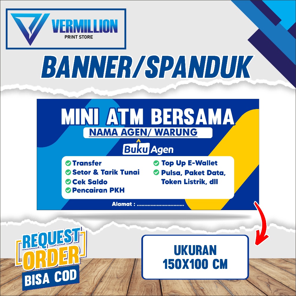Banner Spanduk Konter ATM Mini Agen Buku Bahan Flexy 280g Ukuran 100x50 100x100 150x100
