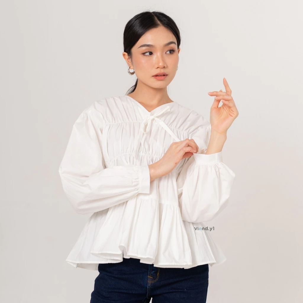 [ AHN ] Mireya Blouse Kerut Dada Lengan Panjang Bahan Rayon Twill - Atasan Wanita Terbaru Terbaru Ko