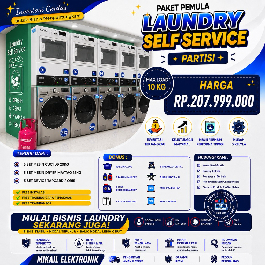 PAKET LAUNDRY SELF SERVICE PARTISI MESIN CUCI LG 20KG DRYER  MAYTAG