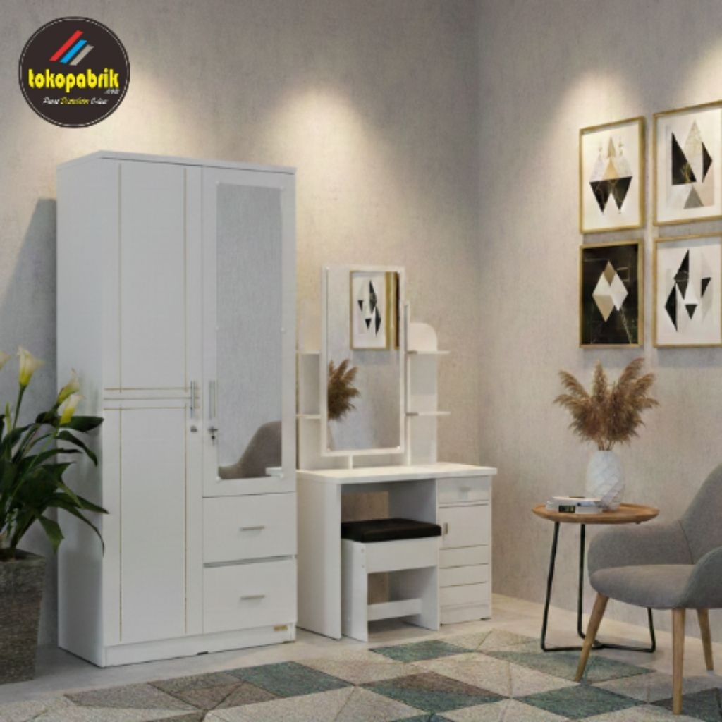 1set lemari 2pintu + meja rias sliding lemari baju 2pintu 2laci meja rias sliding putih