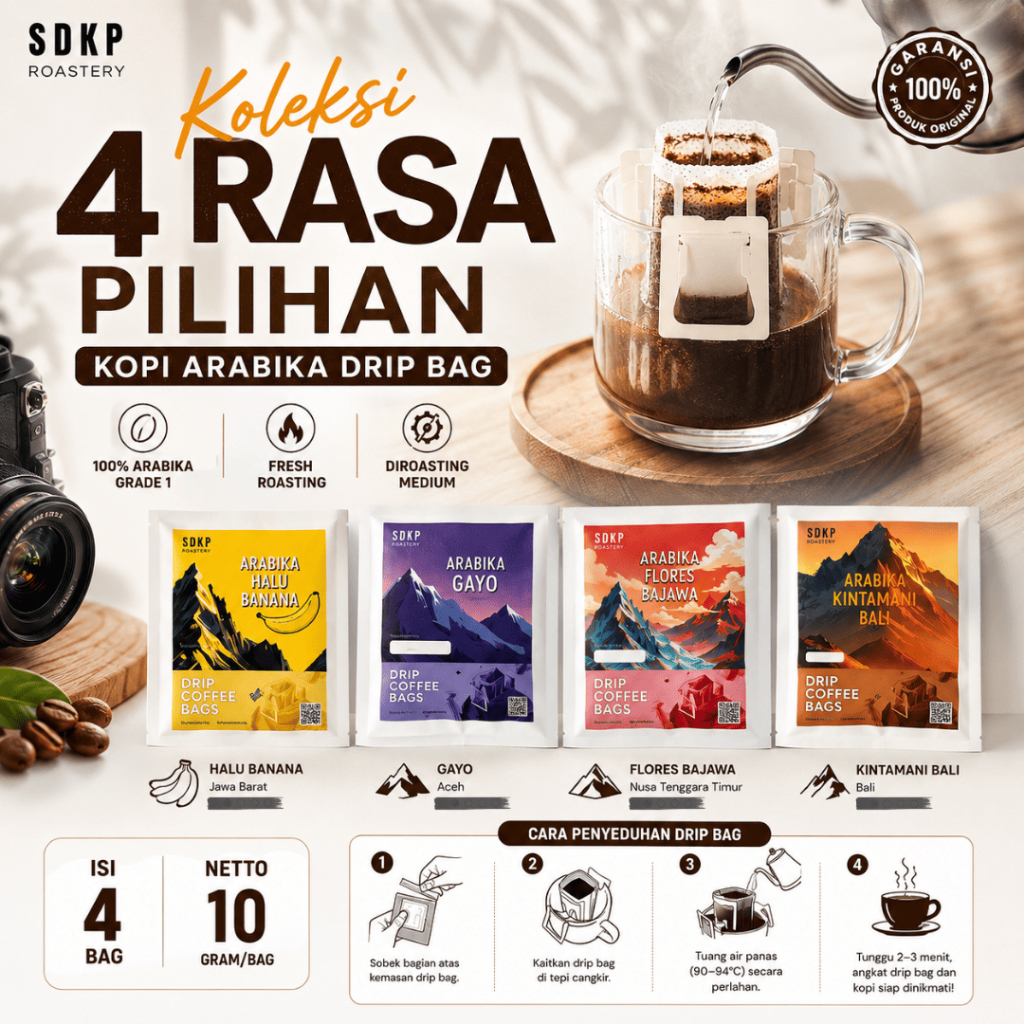 Kopi Arabika Drip Bag - Paket 4 Rasa Enak - Halu Banana, Gayo, Flores Bajawa dan Bali Kintamani