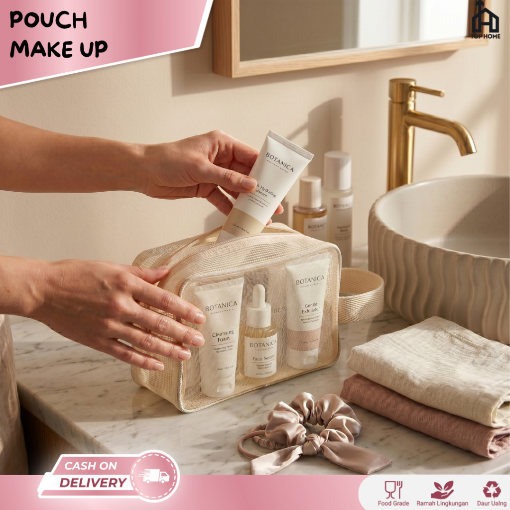 Tas Kosmetik Transparan Travel Troiletry Washbag Make Up / Pouch Make-Up Travel Polos Jaring Warna
