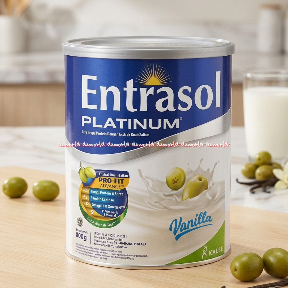 Entrasol Platinum Vanilla 800gr Ekstrak Buah Zaitun Susu Kalsium Untuk Tulang Lansia 50tahun Kaleng 