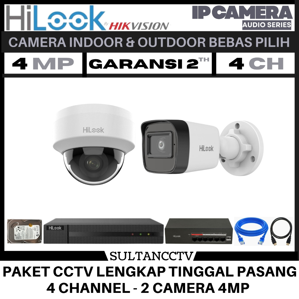 Paket Cctv Hilook 4 Channel 2 Kamera 4mp Ip Camera Audio Series Komplit Pantau HP