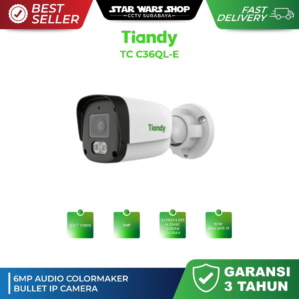 TIANDY TC C36QL-E 6MP AUDIO COLORMAKER BULLET IP CAMERA POE