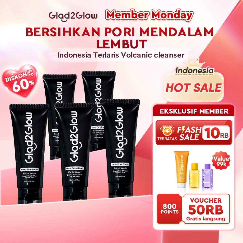 Glad2Glow Deep Pore Clean Facial Wash Pembersih Wajah Charcoa Volcanic Soil BHA Salicylic Acid Deep 