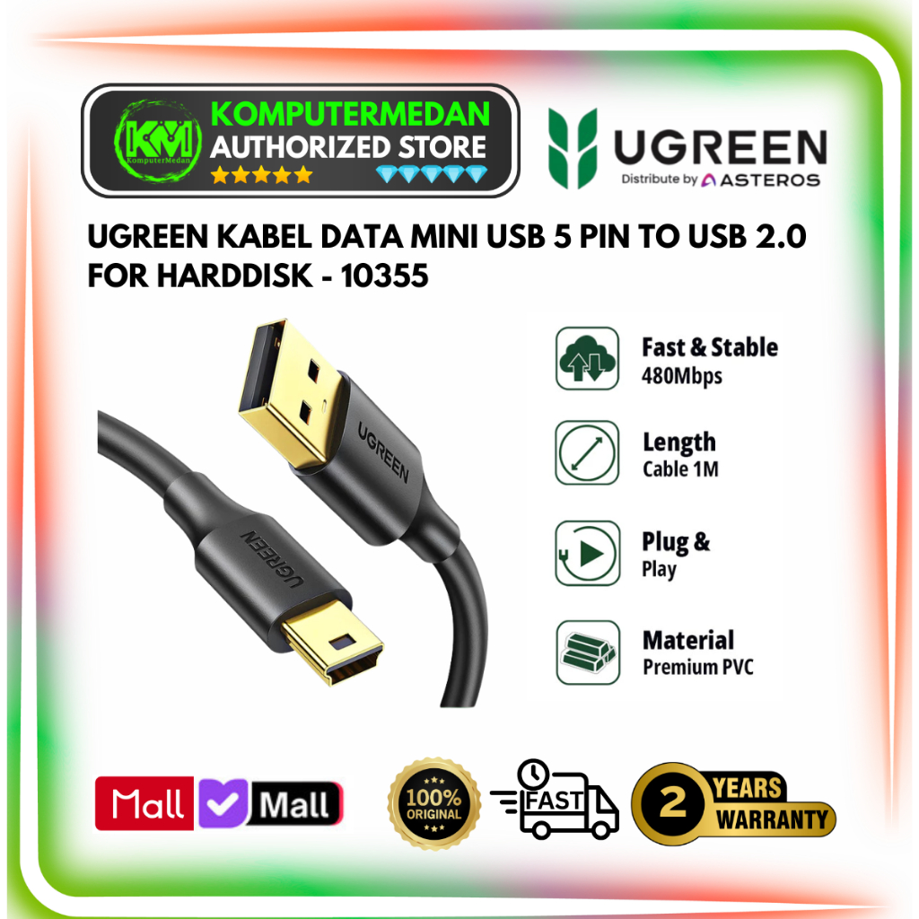 UGREEN USB -A 2.0 Male to Mini 5 Pin Male Cable 1M - PN 10355