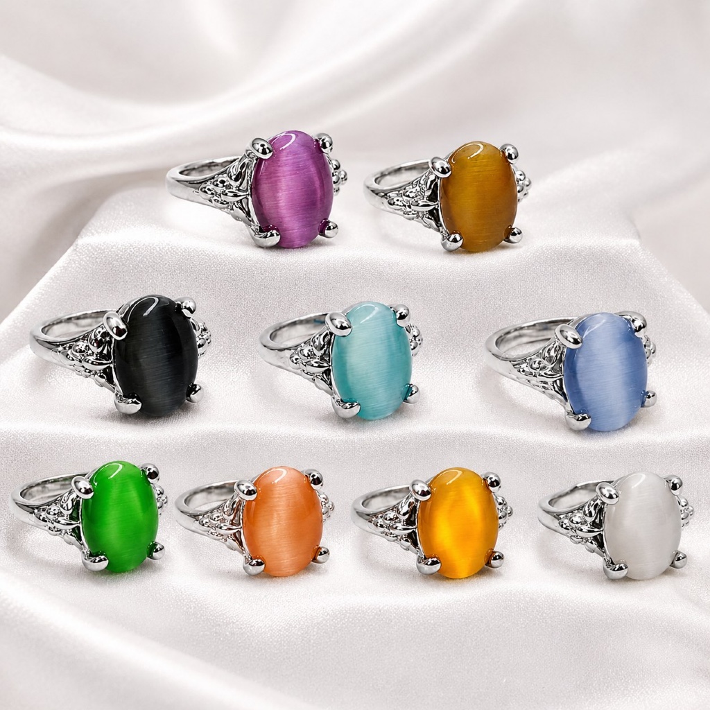 Cincin Batu Warna Oval Elegan Wanita Batu Merah Hijau Hitam Pink Premium Look CW 110