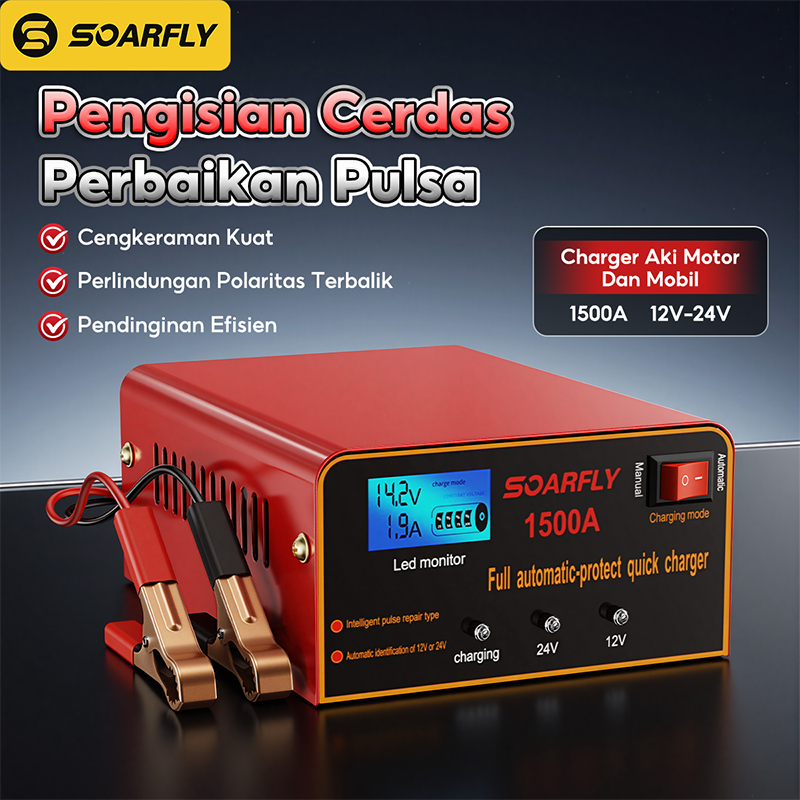 SOARFLY Charger Aki Motor Mobil/1500A/Otomatis Accu Kering Dan Basah Lead Acid/Battery Charger Auto 