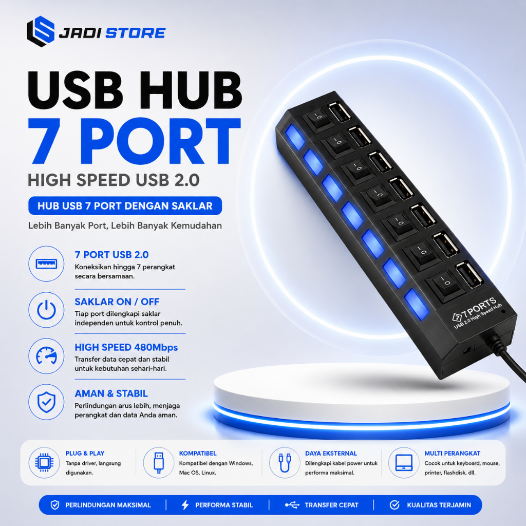 HUB USB 7 Port Colokan Kabel 7 USB HUB 7 Port Saklar USB HUB 7 Port Saklar USB 2.0 High Speed ON OFF
