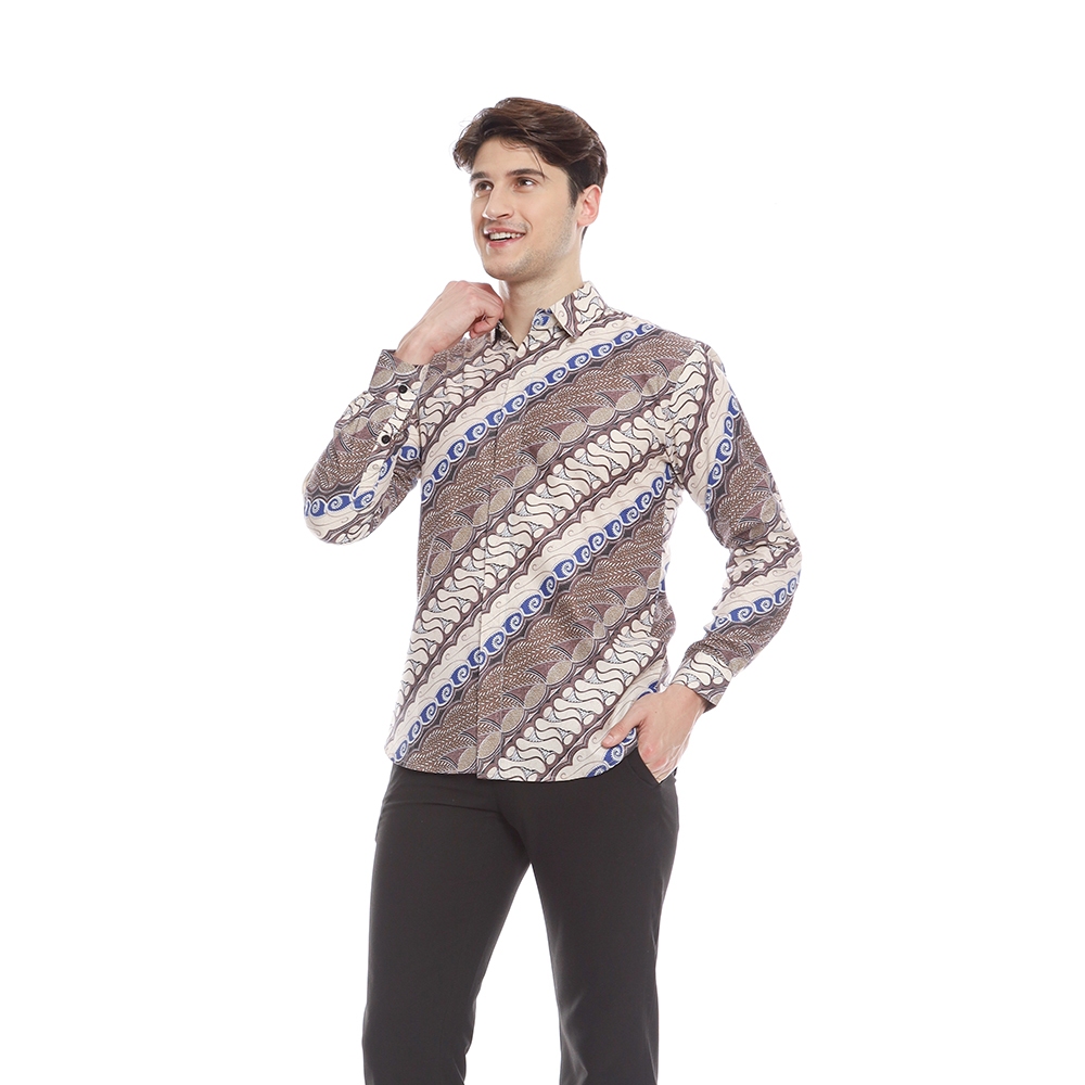 Pennay - Kemeja Batik Pria Parayu Ongbak Uril Modern Slimfit  Lengan Panjang Biru