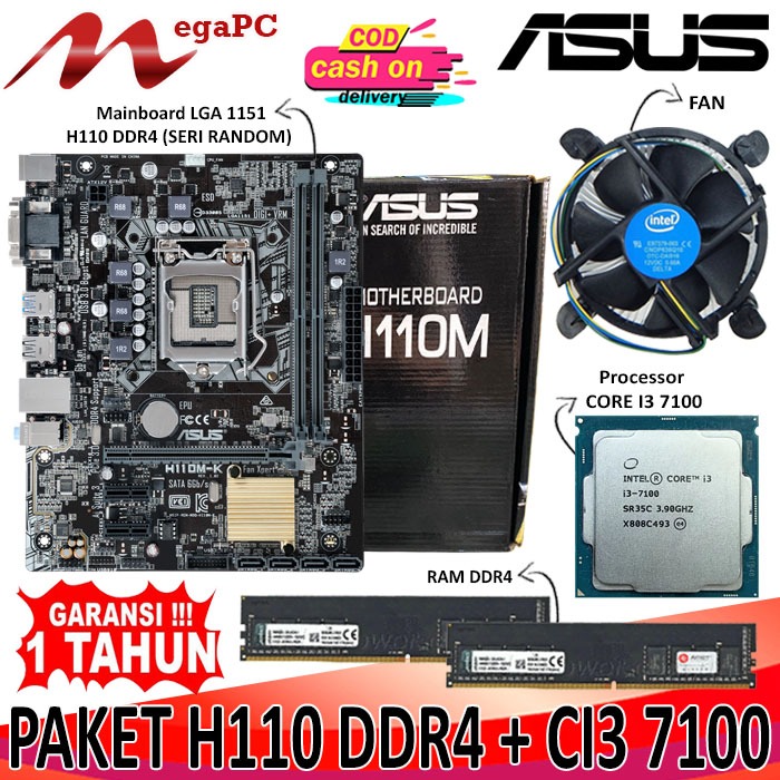 Paket Motherboard/Mainboard LGA 1151 H110 DDR4 + Core I3 7100 + FAN + RAM