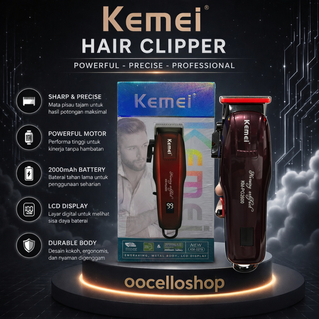 Kemei KM-PG2600 Strong Power Clipper - Alat Cukur Rambut Profesional Baterai 2000mAh