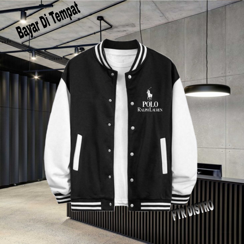 BISA COD Jaket Bomber Varsity Baseball Kancing Logo Polo Text Putih Origin Premium Jaket Baseball Pr