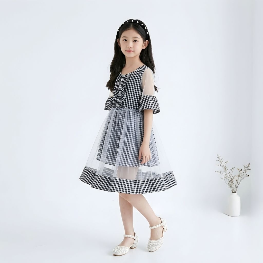 Dress Sabrina Kid Motif Kotak Dress Anak Ribbon Korea Gaun Pesta Anak Remaja Tanggung Umur 7 8 9 10t