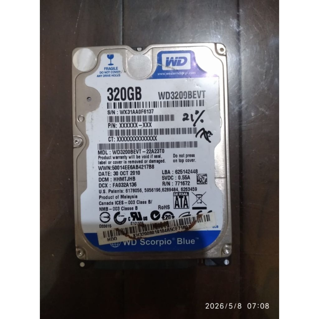 Hardisk HDD 320GB Laptop WD | Health 21% | Second
