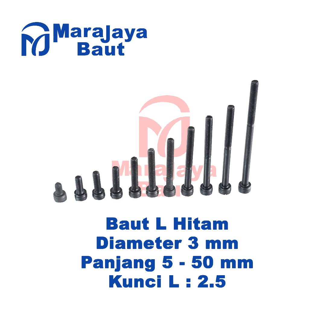 Baut L Baja Hitam M3 Diameter 3 mm Panjang 5-50 mm Kunci L 2.5 mm