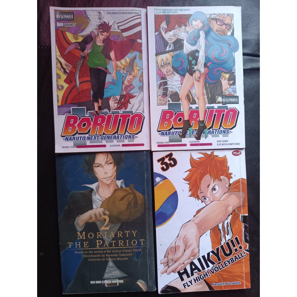 Manga Boruto Vol 14-15, Manga Haikyuu Vol 33, Manga Moriarty The Patriot Vol 2