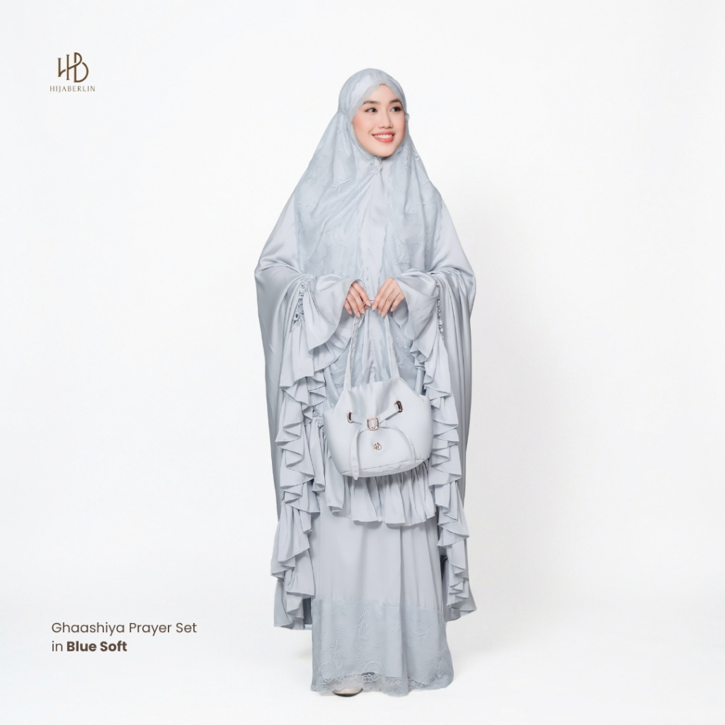 HIJABERLIN - Mukena Artis, Premium & Exclusive - Rayya 2.0 Prayer Set Blue Soft Haji & Umroh