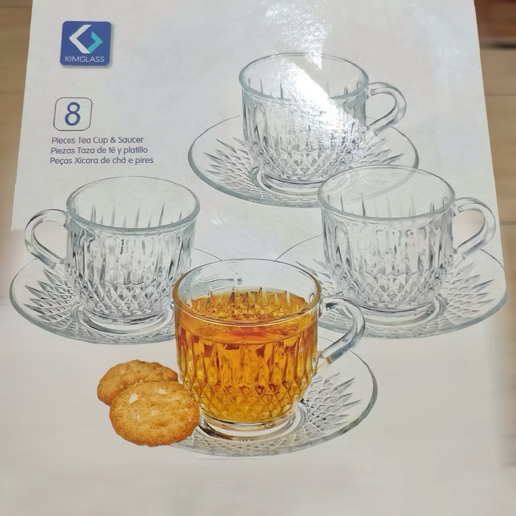 Set Cangkir Piring Kaca Kimglass - 8pcs, Tahan Panas, Cocok untuk Kumpul Bareng