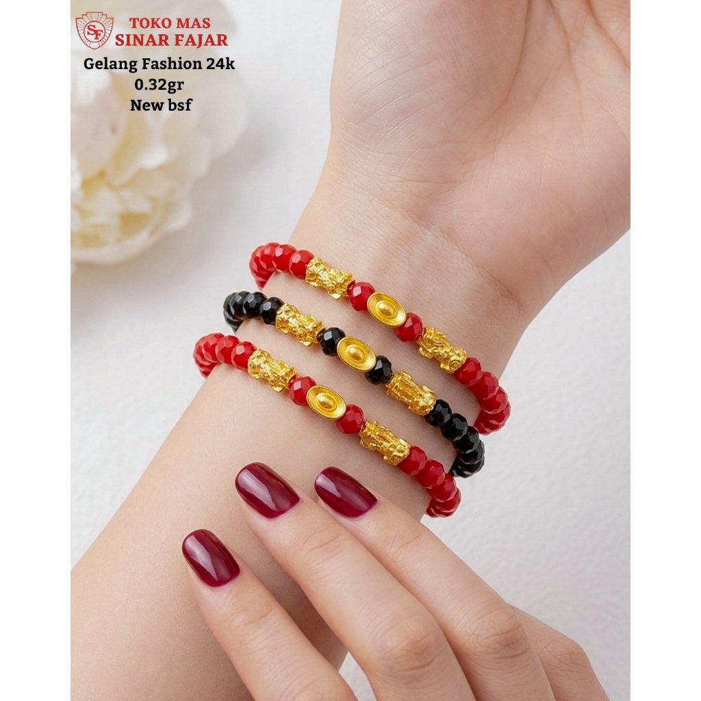 Gelang pixiu merah hitam emas 24k