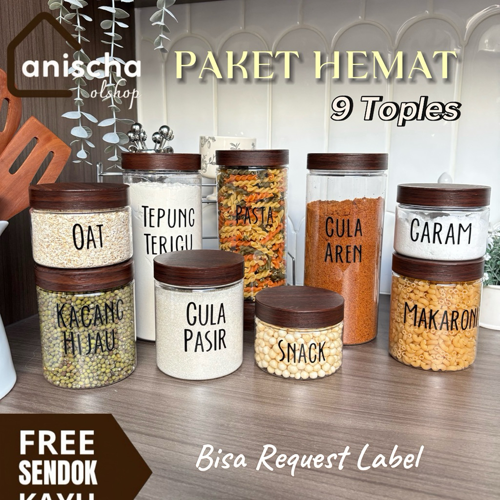 (Free Sendok) PAKET HEMAT 9 Toples Bumbu Dapur Tutup Motif Kayu Estetik Free Label Stiker Cutting EA