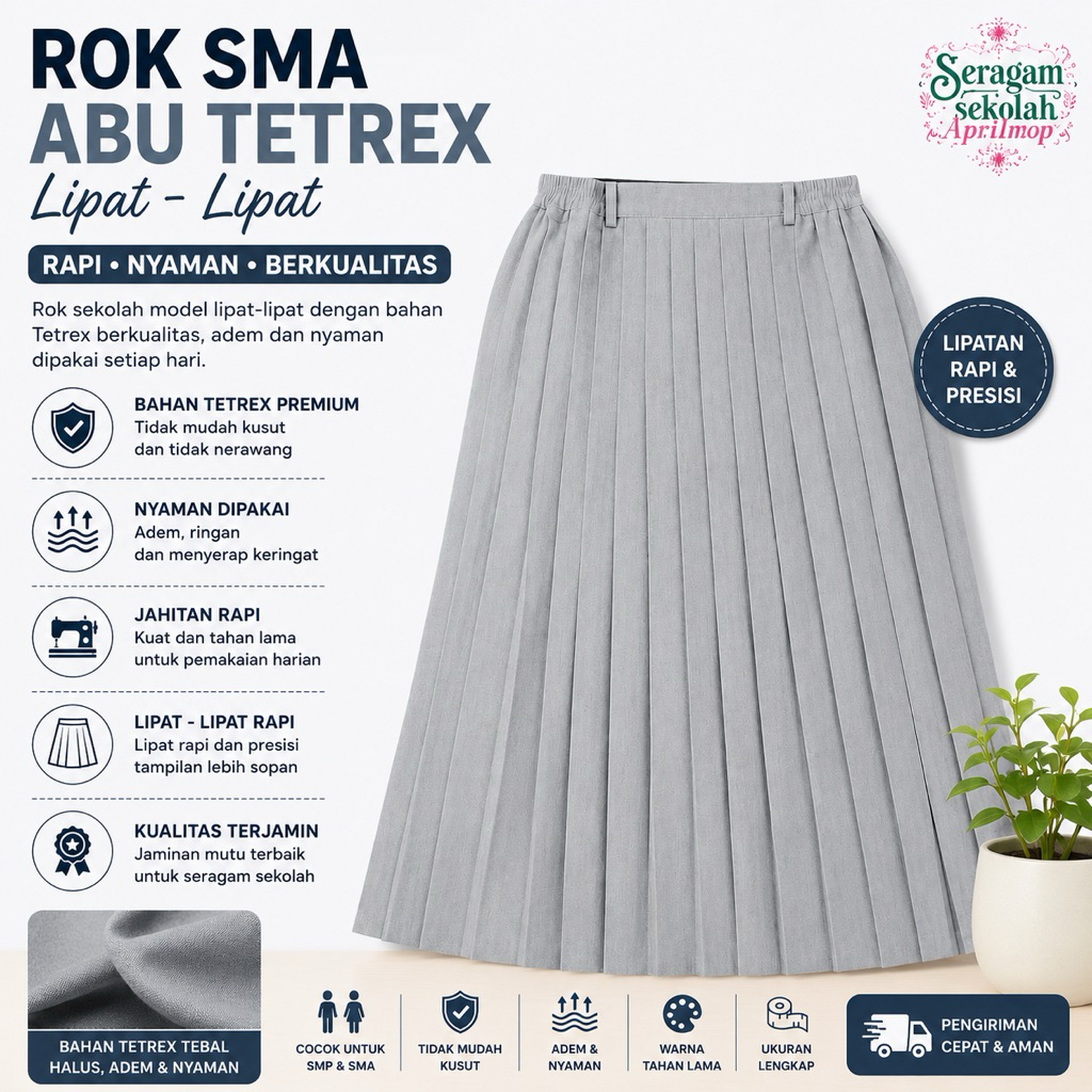 Rok SMA abu tetrex lipat - lipat panjang APRILMOP Premium
