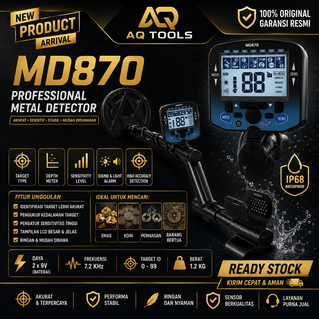 Metal Detector MD870 Profesional Pencari Emas & Logam Dalam Tanah Coil Sensitif Pendeteksi Logam Ema