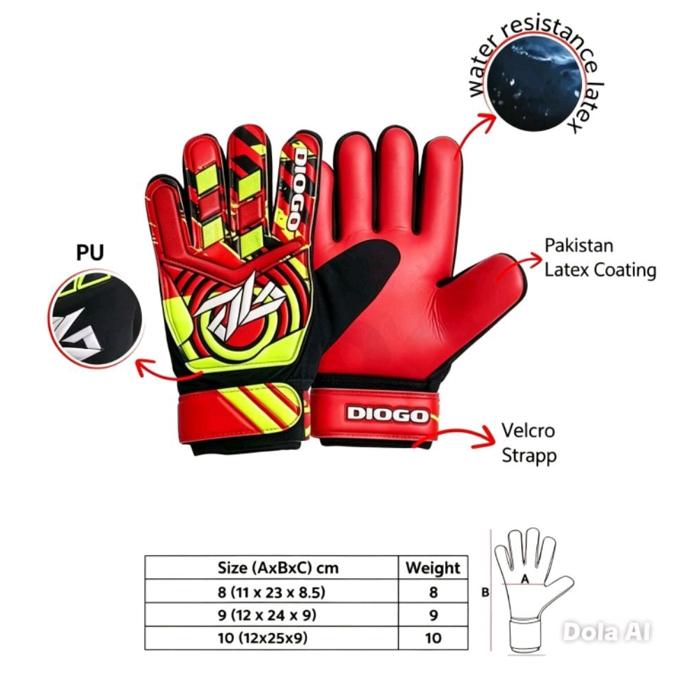 Sarung Tangan Kiper DIOGO Bahan Latex Pakistan Anti Air - Sarung Tangan Kiper Sepak Bola Ukuran 8 9 