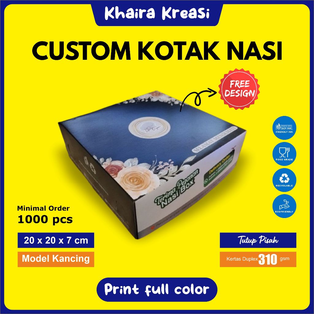 Cetak Custom Dus / Kotak Nasi ukuran 20 x 20 x 7 cm (Tutup Pisah)