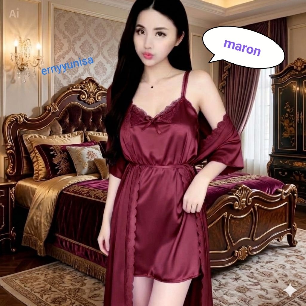 ernyyunisa_BAJU TIDUR WANITA DEWASA LINGERIE SEXI KIMONO TRICOT 2IN1 BAHAN SATIN SIZE L & XXL/ JUMBO