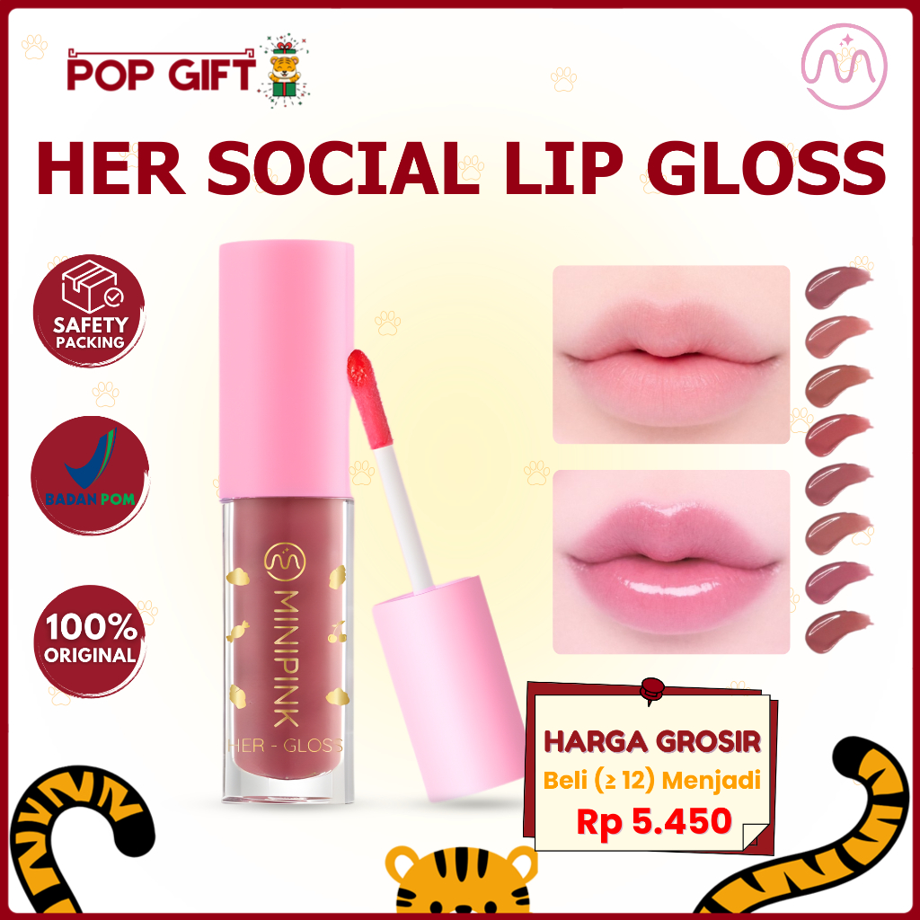 PG BPOM MINIPINK Her Social Lip Gloss Lipstick Glow Natural Shiny Plumpy Tahan Lama (8 Shade) MP012
