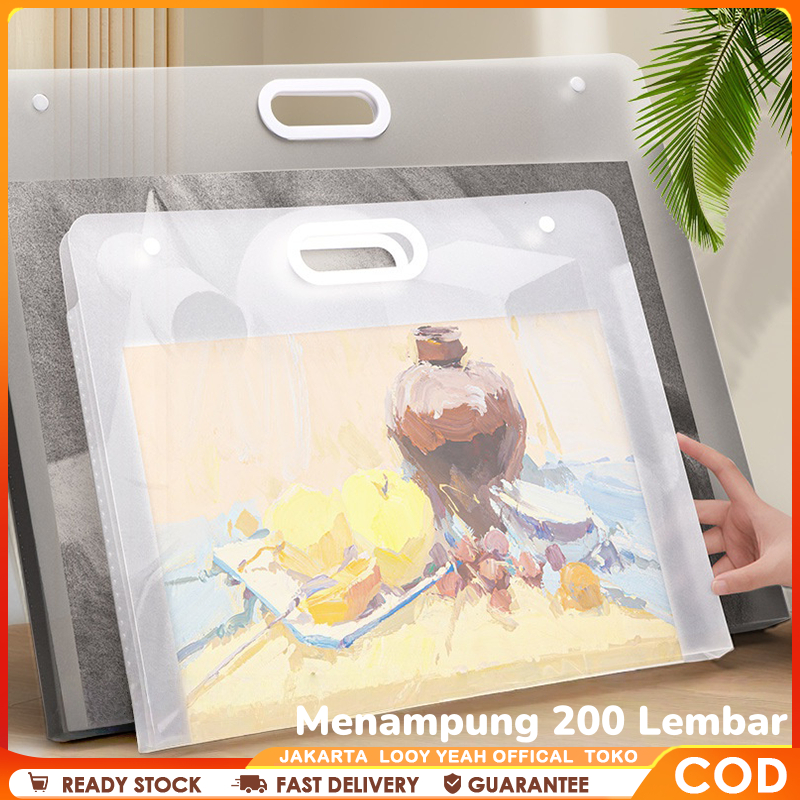 Tas Buku Gambar Lemari Kanvas Transparan 200 Lembar Dengan Pegangan Putih A2/A3/A4 Map Transparan