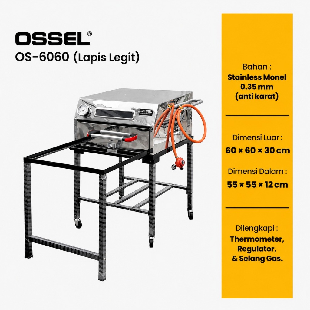 OSSEL Oven Gas Lapis Legit Anti Karat Stainless Steel + Thermometer OS-6060 Kaki Bongkar Pasang OSSE