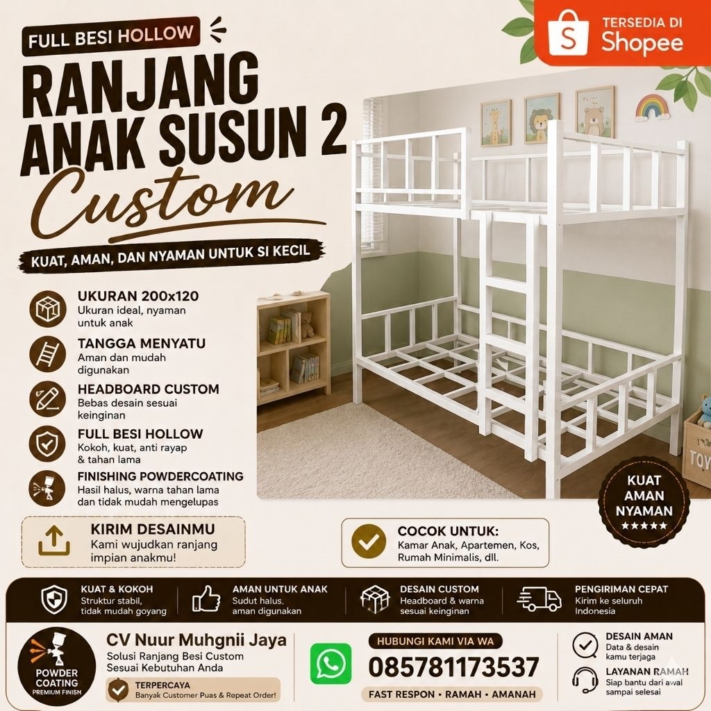Ranjang Susun Besi Hollow 2 Tingkat Dewasa 120x200 Rangka Kasur Tingkat Minimalis Kuat Anti Karat Po